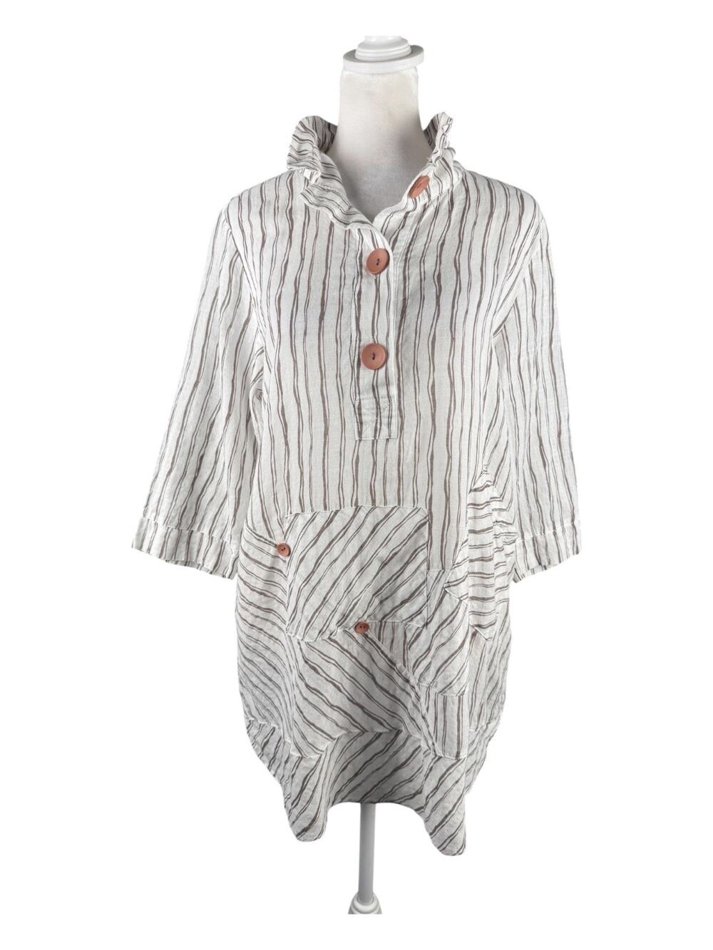 Terra SJ Apparel S Cotton Tunic 3/4 Sleeves Brown White Stripe Lagenlook Boho